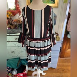 Esley Striped Dress L Ruffle Sleeve Fit and Flare Dressy Vintage Wear Fall VGUC
